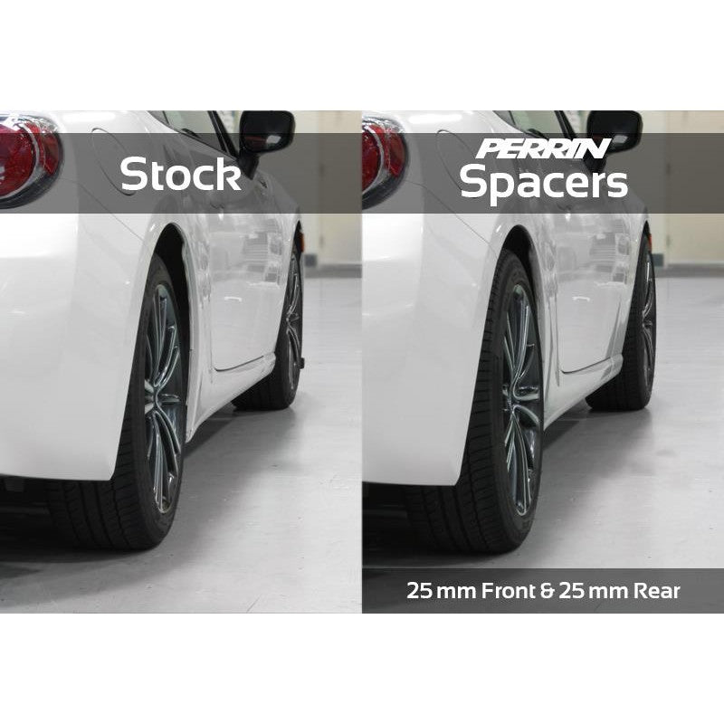Pair of PERRIN 25mm hub-centric wheel spacers with 5x100 bolt pattern and 56mm center bore