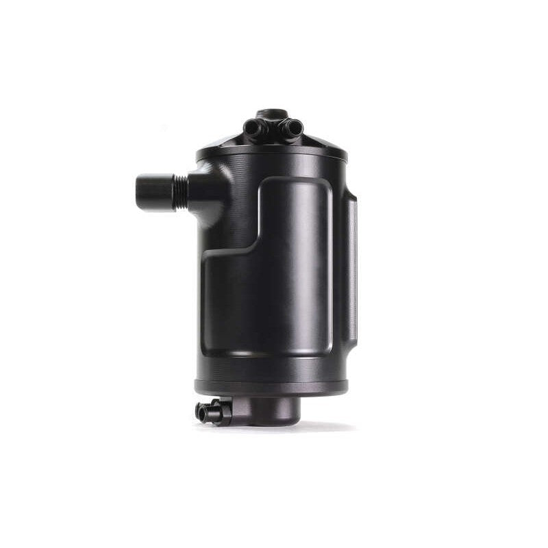 Black PERRIN Air Oil Separator canister with mounting bracket and hardware for Subaru WRX and STI.