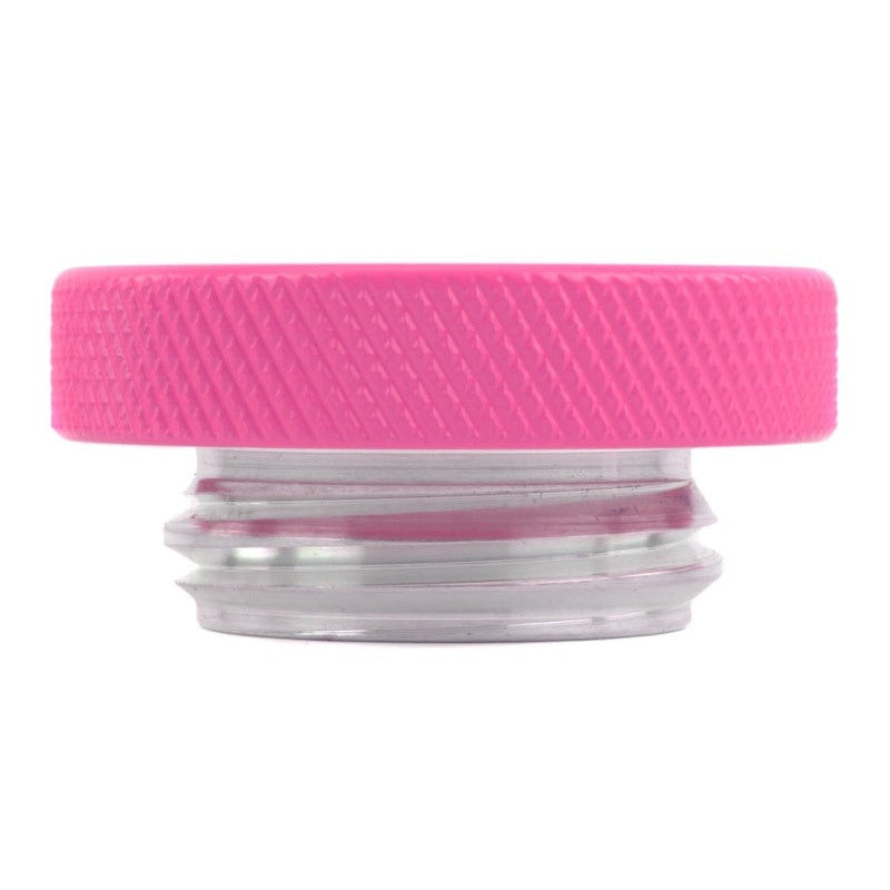 Hyper Pink PERRIN oil fill cap featuring a textured outer ring and central logo for Subaru and Toyota engines.