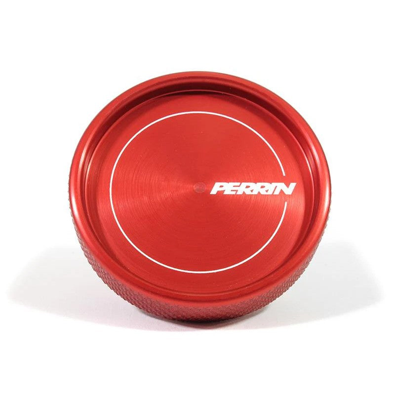 Red PERRIN CNC-machined aluminum oil fill cap for Subaru Impreza engines