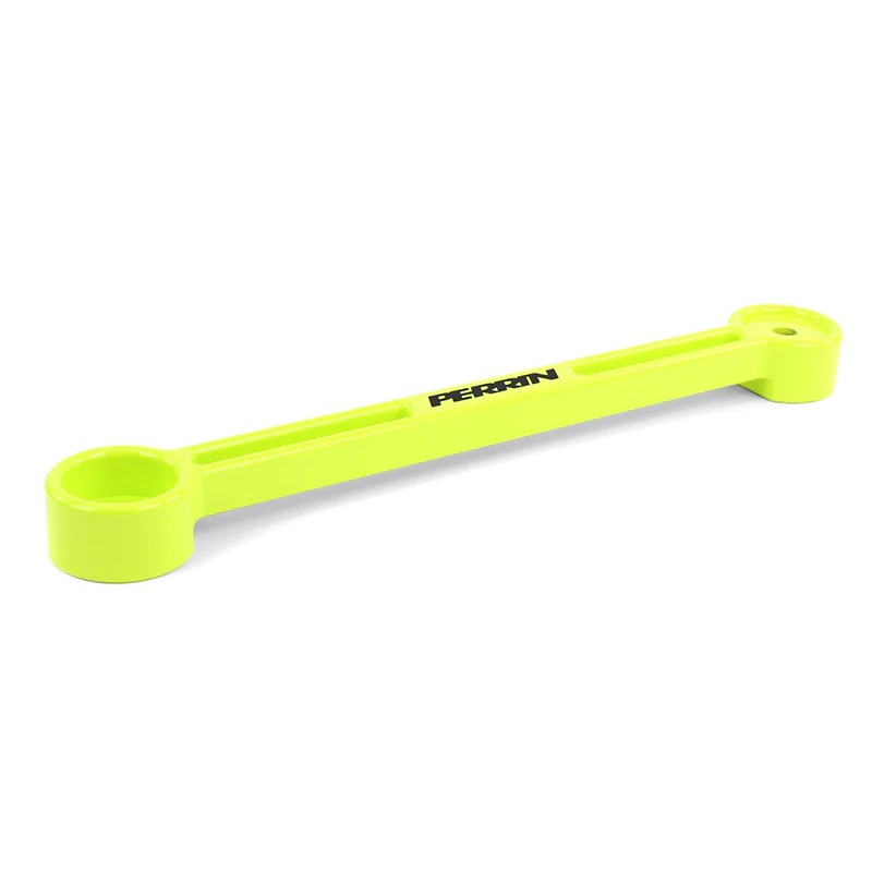 Neon Yellow PERRIN machined aluminum battery tie down bracket for Subaru and Toyota GR86