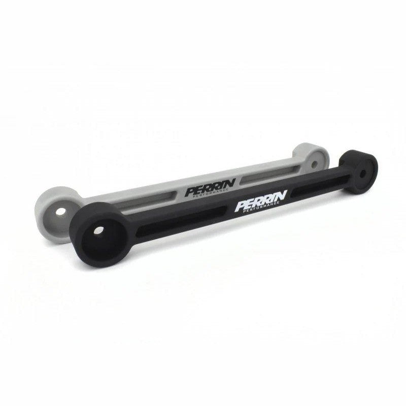 Red PERRIN battery tie down bracket with manufacturer logo for Subaru and Scion engine bays