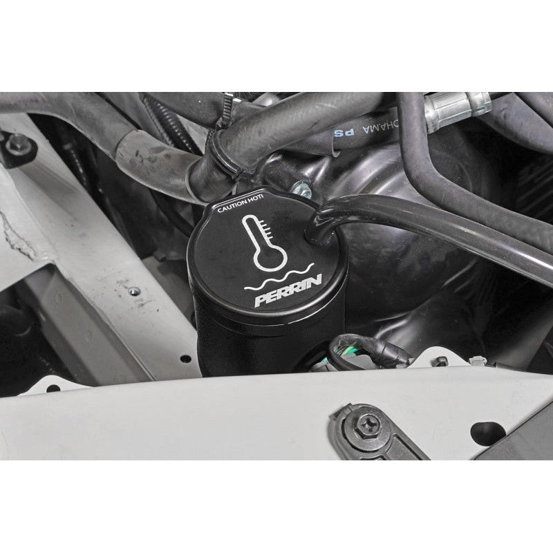 Black CNC-machined PERRIN coolant overflow tank with mounting bracket and hardware.