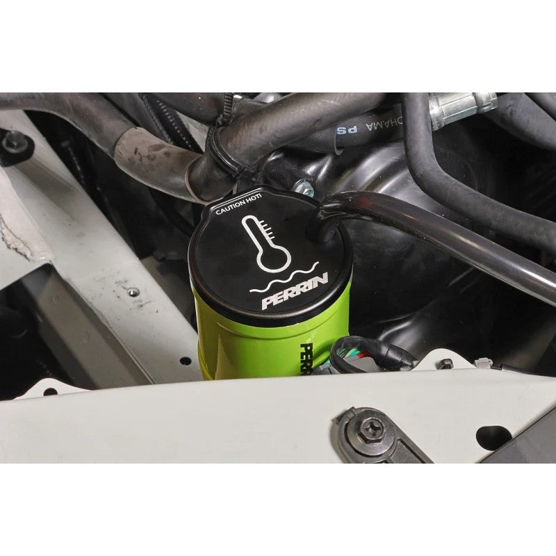 Neon yellow PERRIN CNC-machined coolant overflow tank for Subaru WRX, STI, and BRZ/GR86.