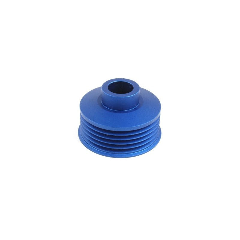 Blue anodized PERRIN lightweight aluminum alternator pulley for Subaru WRX, STI, and Forester