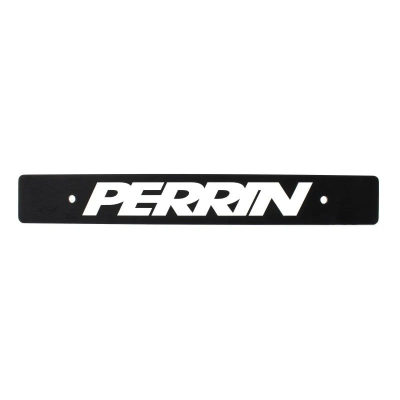 Black PERRIN aluminum license plate delete plate with laser-etched logo and mounting hardware