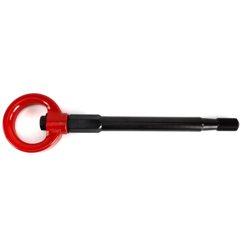 Red PERRIN front tow hook with black threaded mounting stem for 2005-2014 Subaru models.