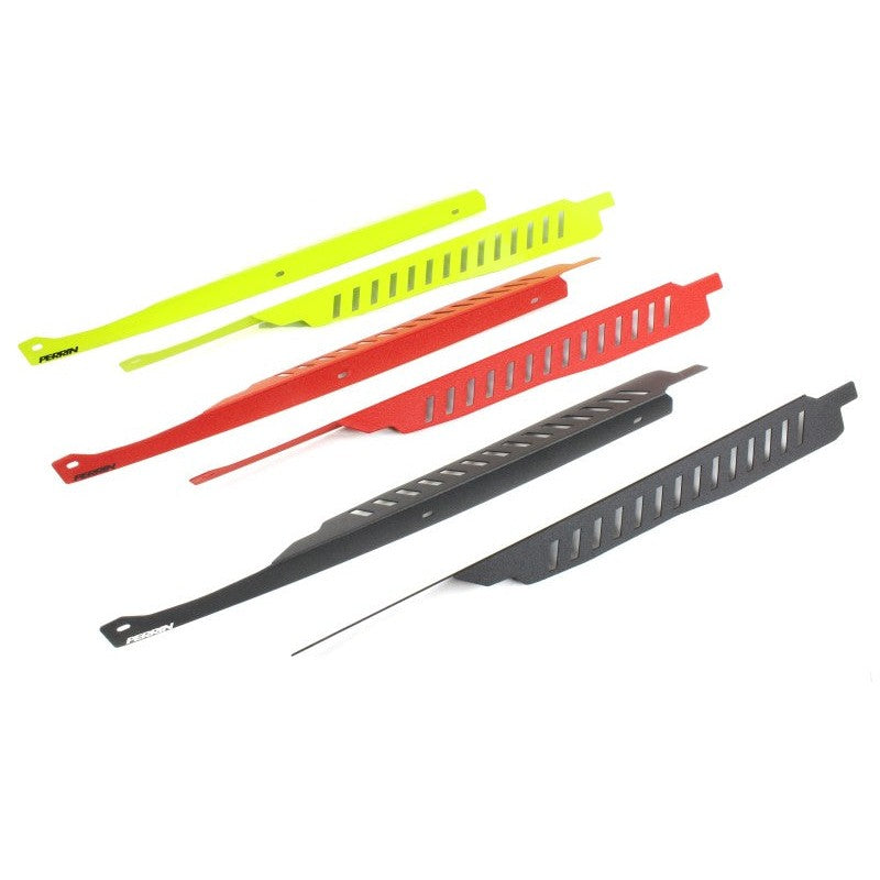 Neon yellow PERRIN fender shroud set installed in a 2008-2014 Subaru WRX engine bay