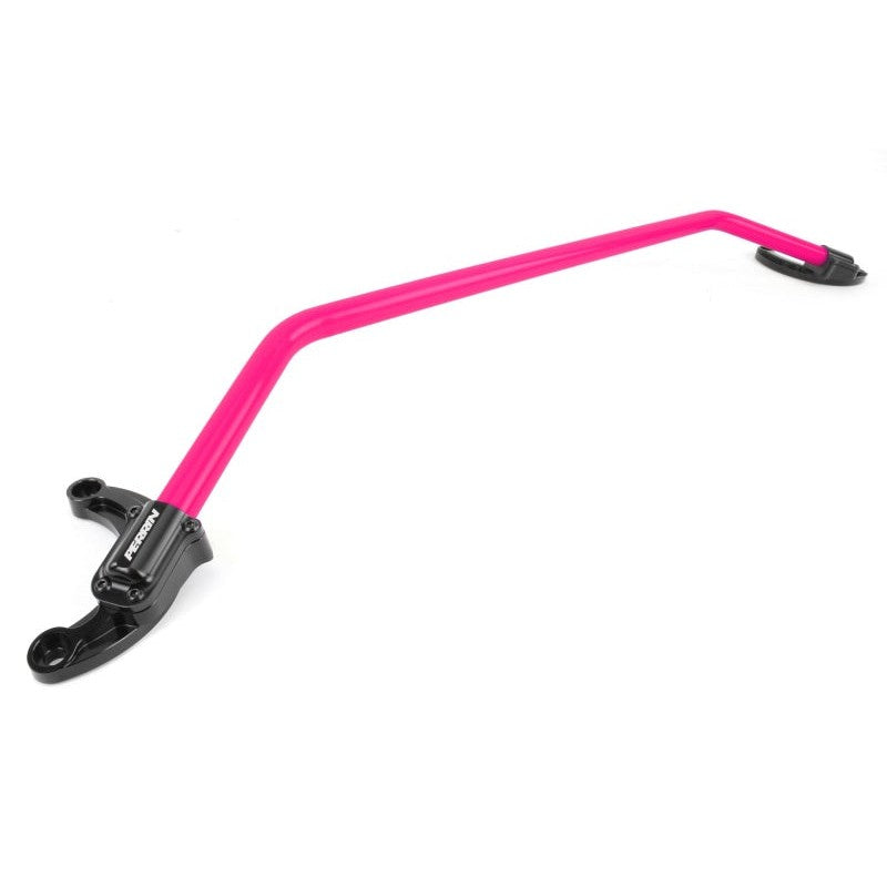 Pink PERRIN front strut tower brace with powder-coated finish for Subaru engine bay.
