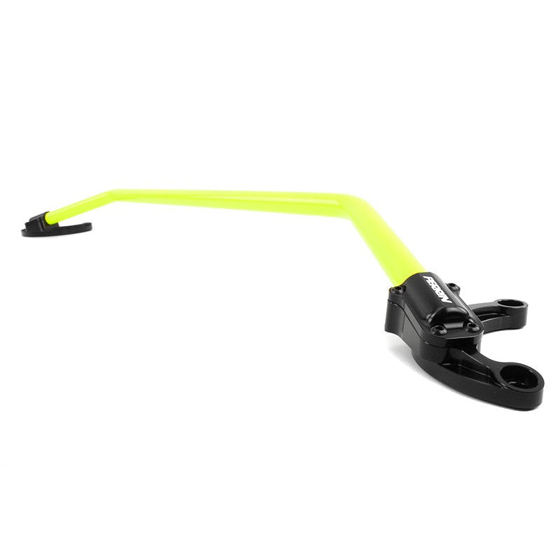 Yellow PERRIN front strut tower brace for Subaru WRX, STI, and Forester engine bays.