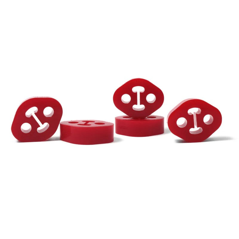 Five PERRIN standard length polyurethane exhaust hangers for Subaru WRX and BRZ models.