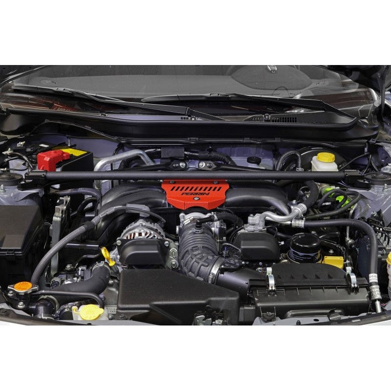 Black PERRIN front strut tower brace for 2013-2026 Subaru BRZ and Toyota GR86.