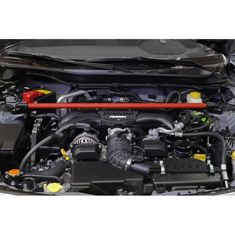 Red powder-coated PERRIN Front Strut Tower Brace for Subaru BRZ and Toyota GR86.