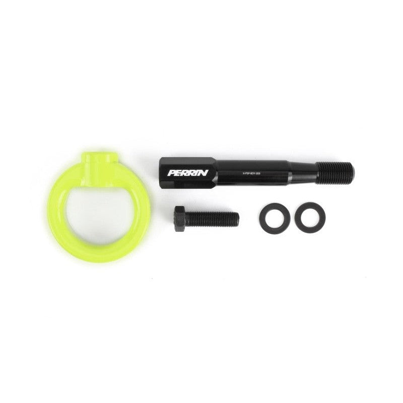 Neon yellow PERRIN front tow hook with black threaded mounting stem for 2012-2017 Subaru models.