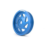 Blue anodized PERRIN lightened aluminum crank pulley featuring precision CNC machining and etched PERRIN logo.