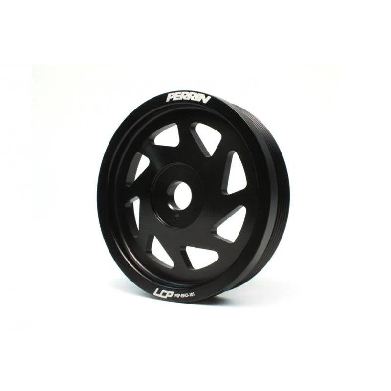 Black PERRIN lightened crank pulley featuring precision machining and a durable anodized finish.