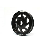 Black PERRIN lightened crank pulley featuring precision machining and a durable anodized finish.