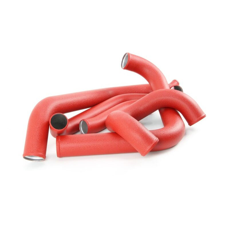 Red powder-coated aluminum PERRIN front mount intercooler boost tubes for 2015-2021 Subaru STI.