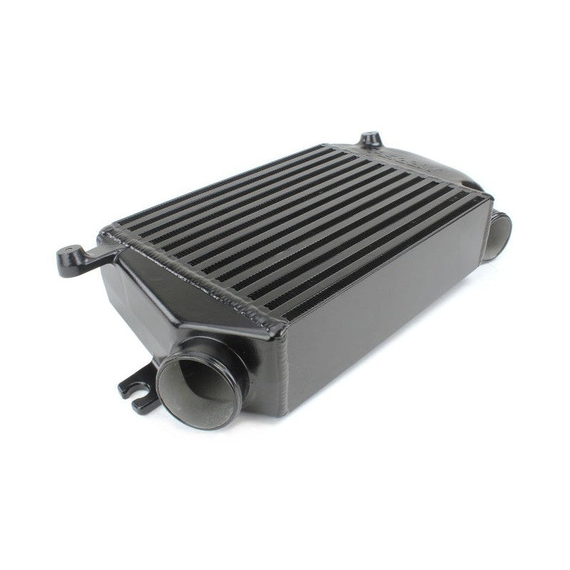 Black powder-coated PERRIN bar-and-plate top mount intercooler for Subaru WRX and Forester XT.
