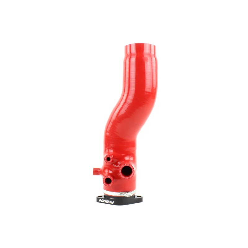 Red PERRIN 3-inch silicone turbo inlet hose with black CNC-machined adapter flange and mounting hardware.