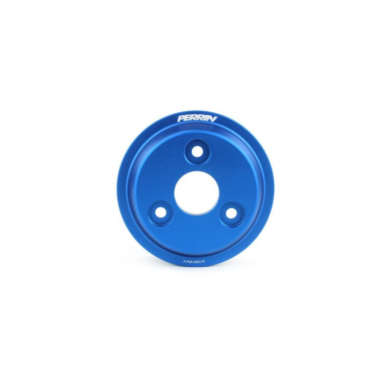 Blue PERRIN lightweight water pump pulley for Subaru WRX, Crosstrek, and Forester XT