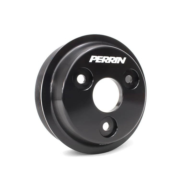 Black CNC-machined PERRIN lightweight water pump pulley for Subaru FA and FB engines.