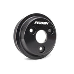 Black CNC-machined PERRIN lightweight water pump pulley for Subaru FA and FB engines.