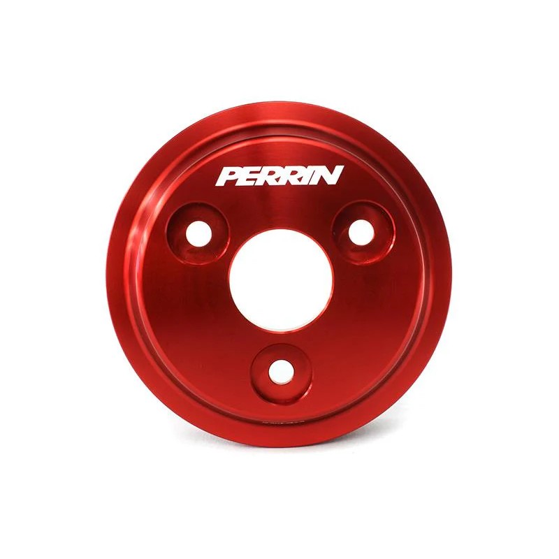 Red anodized PERRIN lightweight water pump pulley for Subaru WRX and Forester XT.