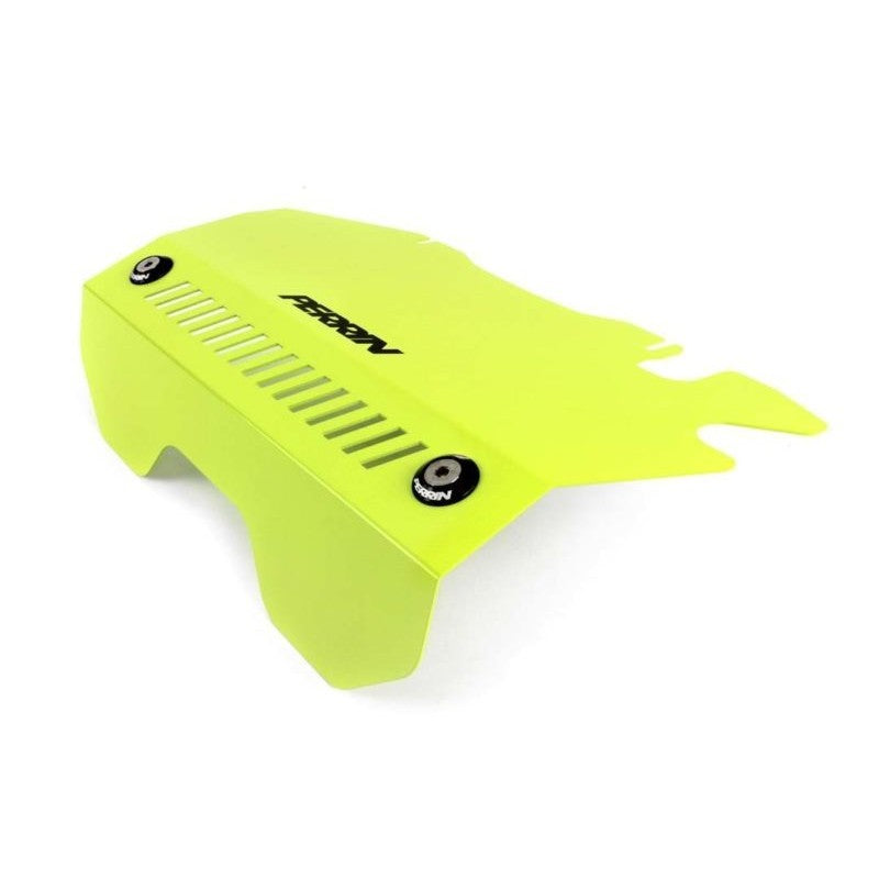 Neon yellow PERRIN intercooler and pulley covers installed on a 2015-2021 Subaru WRX engine.