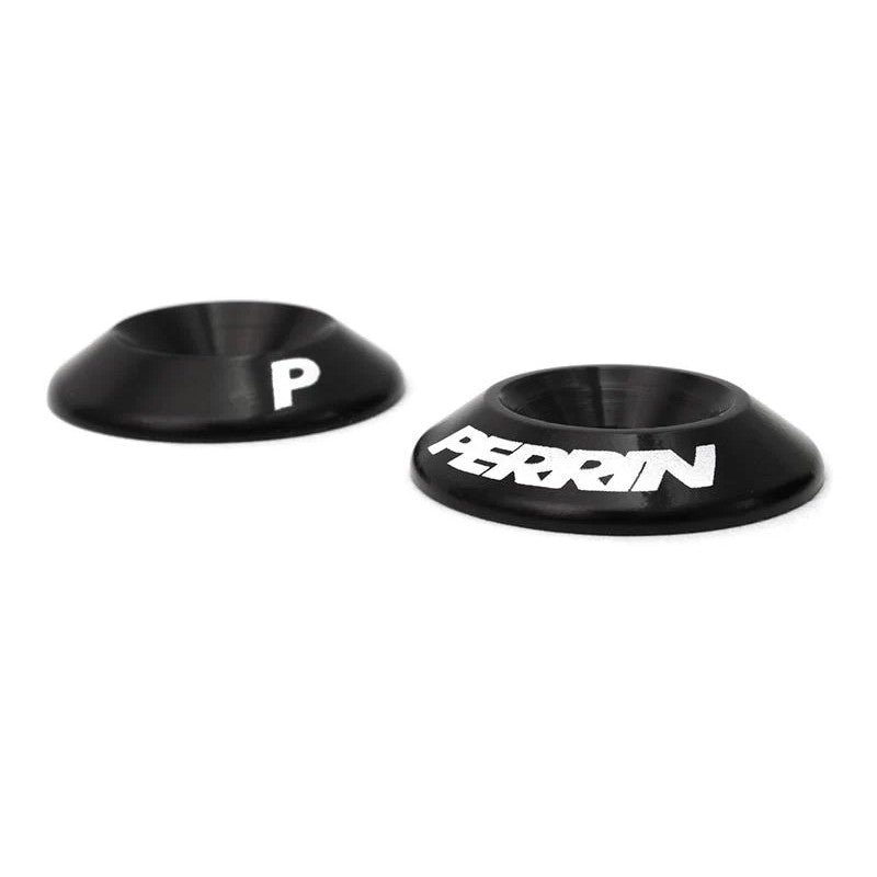 Black PERRIN engine and intercooler cover lock down washers for 2015-2020 Subaru WRX.