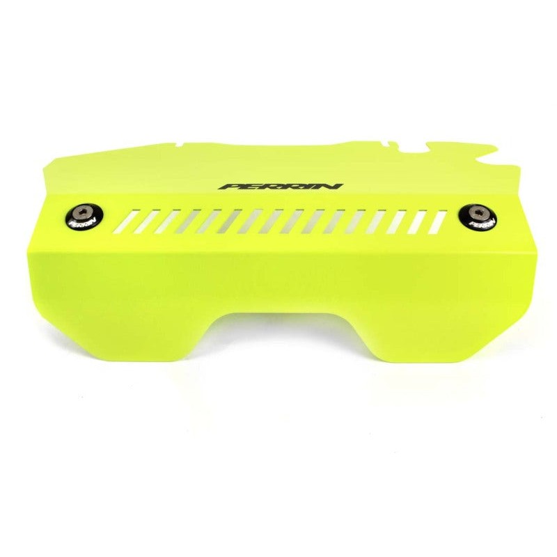 Neon yellow powder-coated PERRIN pulley cover for 2015-2021 Subaru WRX engine bay