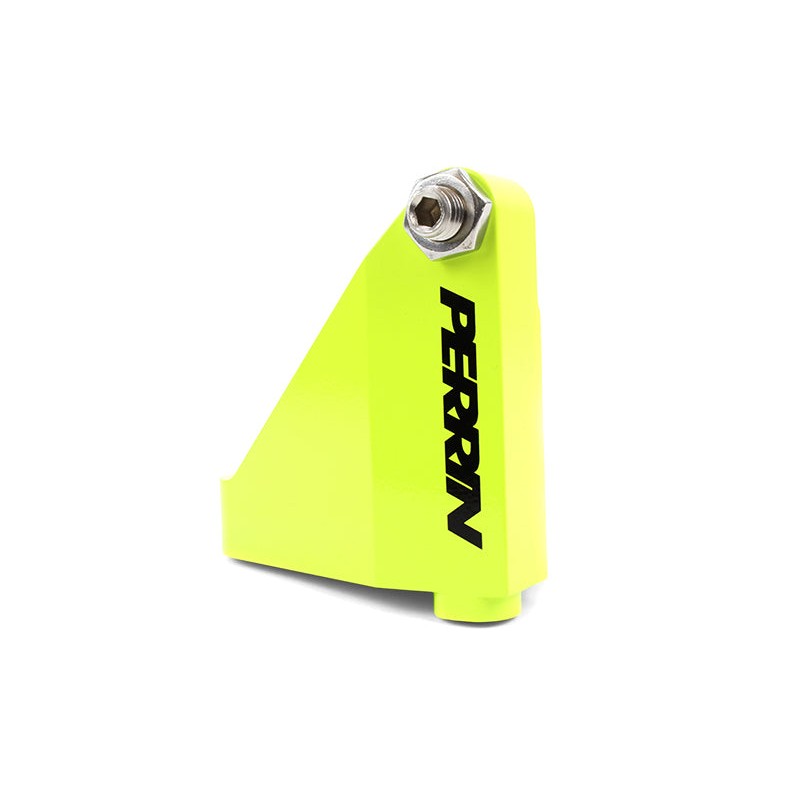Neon yellow PERRIN master cylinder brace for Subaru WRX/STI, Crosstrek, and Forester XT with mounting hardware.