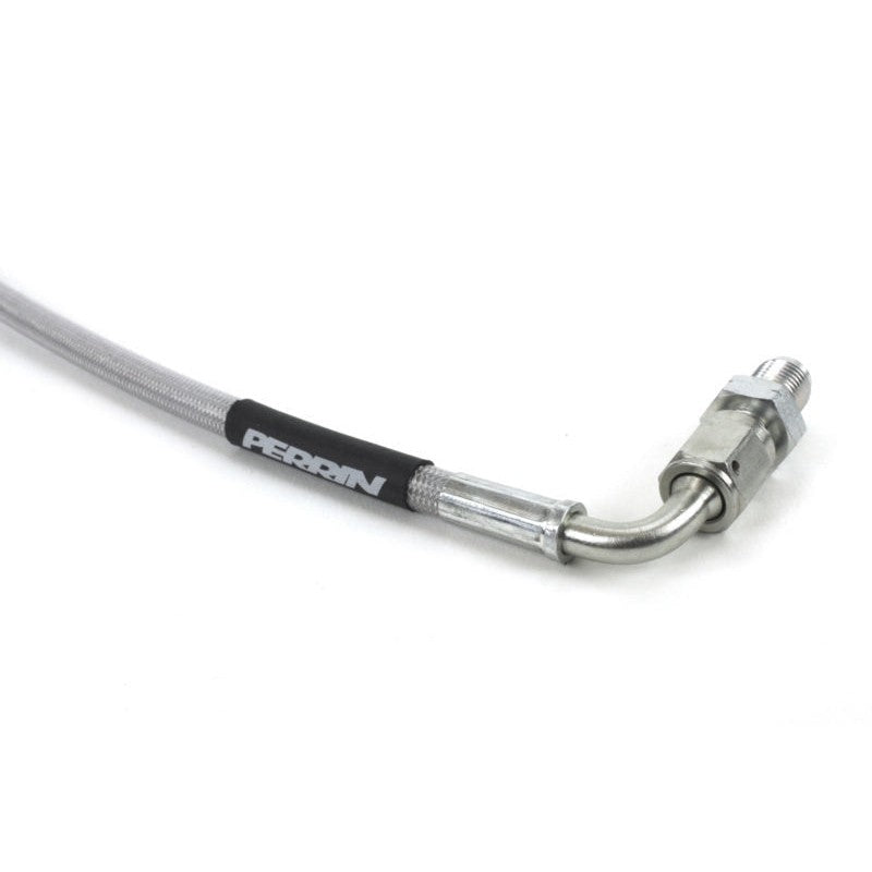 Braided stainless steel PERRIN clutch line with silver fittings and black protective sleeve for Subaru and Toyota.