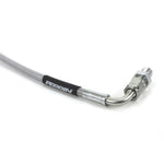 Braided stainless steel PERRIN clutch line with silver fittings and black protective sleeve for Subaru and Toyota.