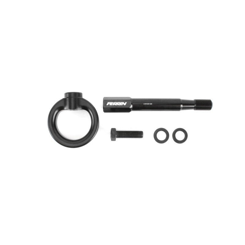 Black PERRIN rear tow hook kit with mounting stem and hardware for Subaru WRX, STI, Crosstrek, and Forester.