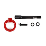 Red powder-coated PERRIN rear tow hook with black mounting stem for Subaru WRX, Crosstrek, and Forester.