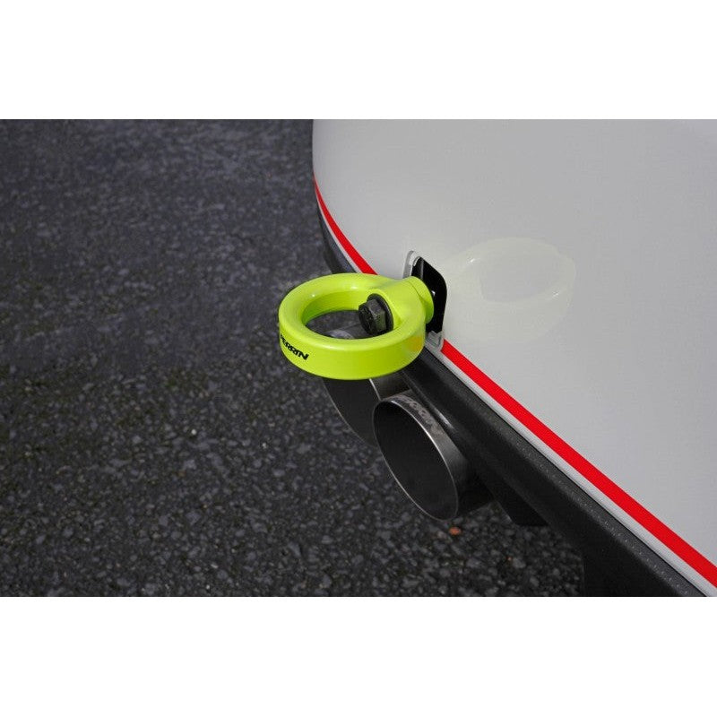Neon yellow powder-coated PERRIN rear tow hook kit with threaded shank for Subaru WRX, STI, Crosstrek, and Forester.