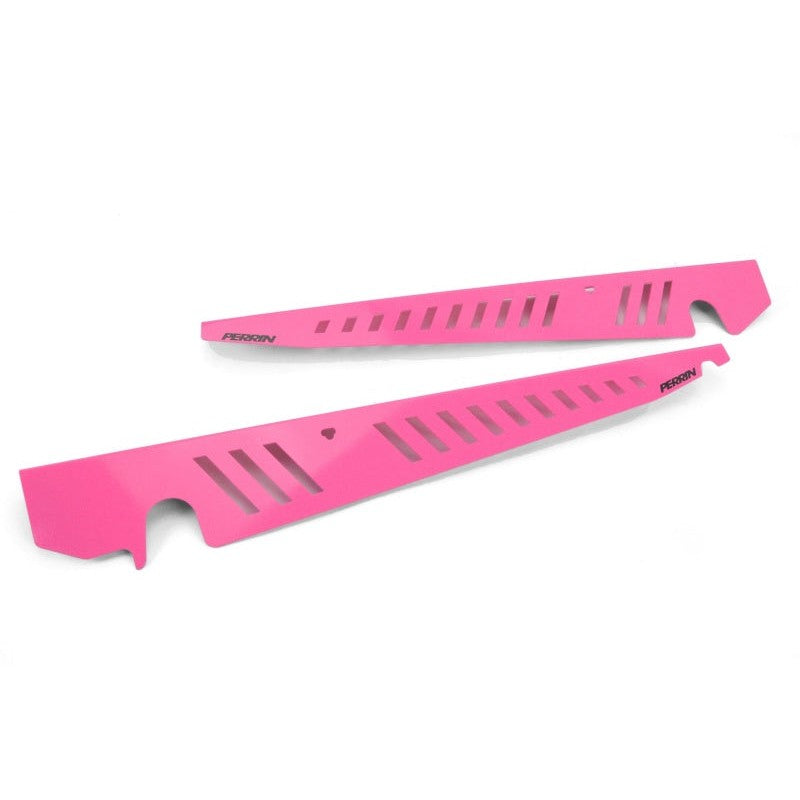 Hyper Pink PERRIN fender shroud set for 2015-2021 Subaru WRX and STI engine bay.