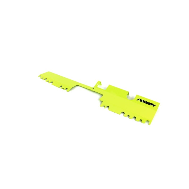 Neon yellow PERRIN aluminum radiator shroud for 2015-2021 Subaru WRX and STI with factory intake scoop.