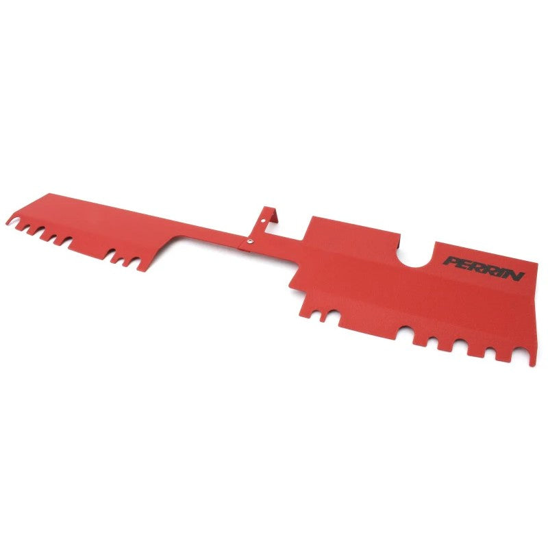 Red PERRIN radiator shroud for 2015-2021 Subaru WRX/STI, designed for use with the OEM intake scoop.