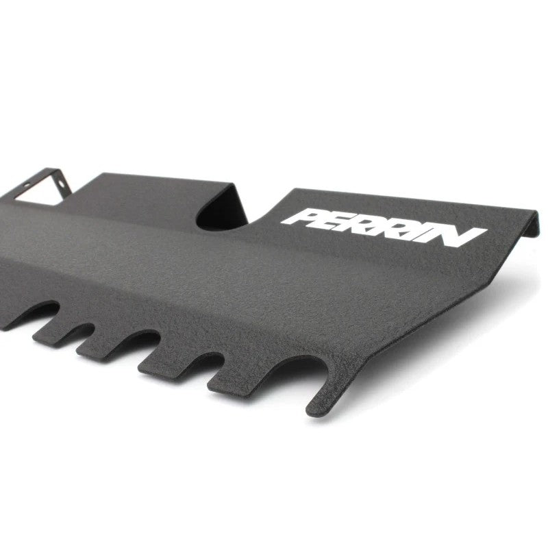 Black PERRIN radiator shroud installed on a 2015-2021 Subaru WRX STI engine bay without factory intake scoop.