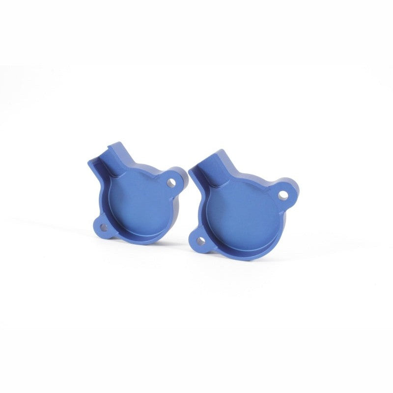 Blue anodized PERRIN aluminum cam solenoid cover with laser-etched logo and stainless steel mounting hardware.