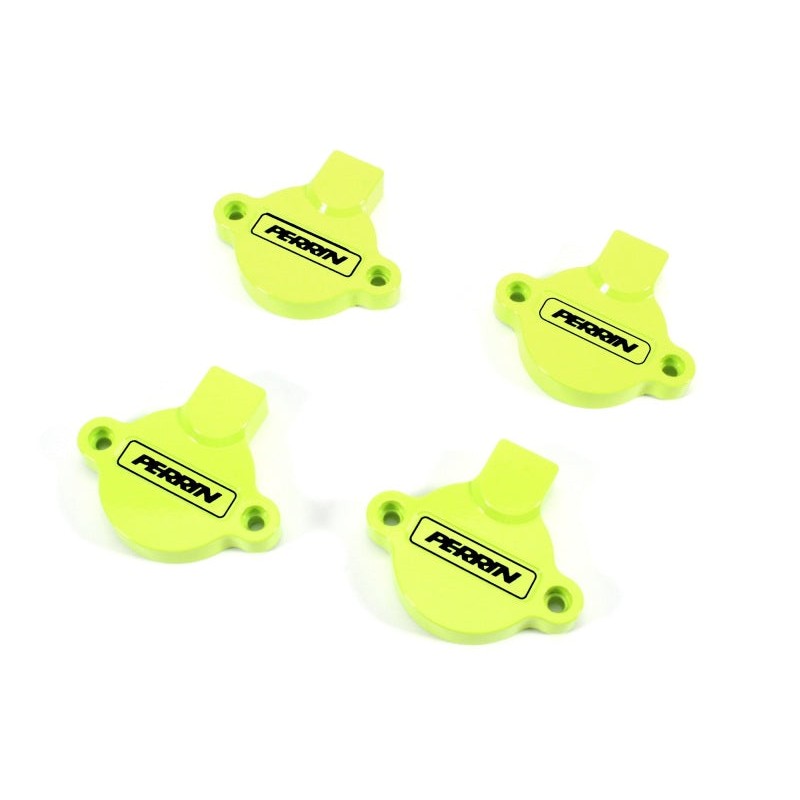 Yellow PERRIN cam solenoid cover for Subaru WRX, Forester, and Outback/Legacy XT engines.