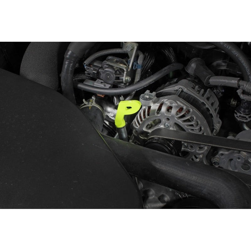 Neon Yellow PERRIN P Style dipstick handle for Subaru WRX and BRZ models.