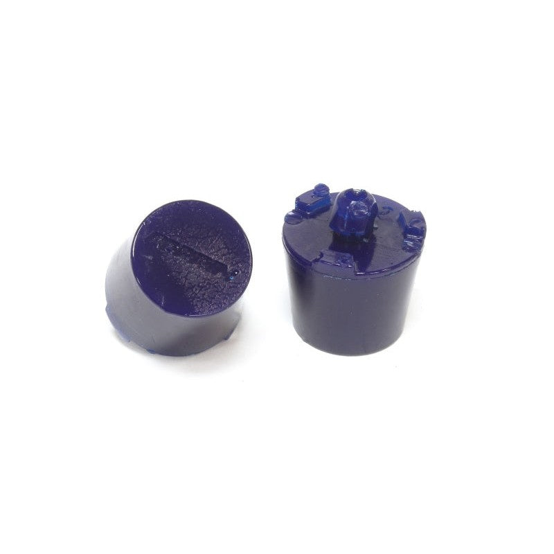 A pair of blue PERRIN adjustable threaded trunk bumpers for 2015-2026 Subaru WRX and STI.