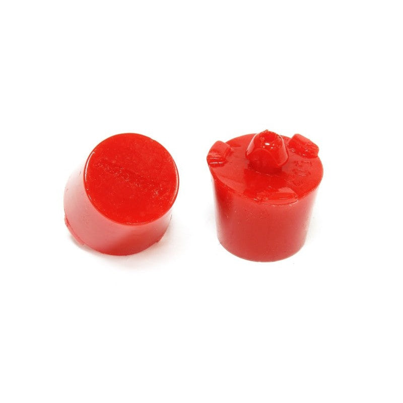 Pair of PERRIN red anodized adjustable trunk bumpers for 2015-2026 Subaru WRX and STI.