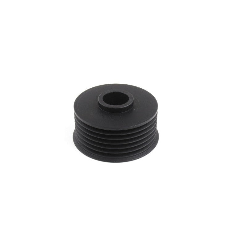 Black anodized CNC-machined PERRIN lightweight alternator pulley with laser-etched logo