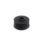 Black anodized CNC-machined PERRIN lightweight alternator pulley with laser-etched logo