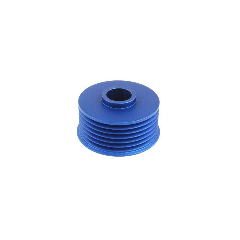 Blue anodized PERRIN lightweight aluminum alternator pulley for 2014-2026 Subaru WRX and Crosstrek models.
