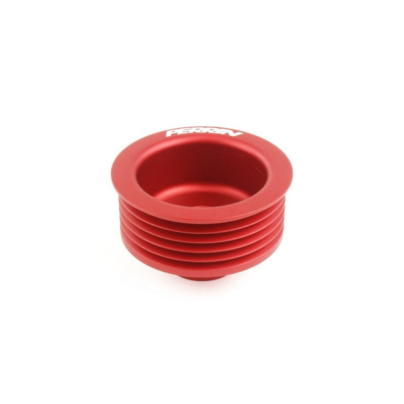 Red PERRIN lightweight alternator pulley for 2014-2026 Subaru WRX, Crosstrek, and Forester XT.